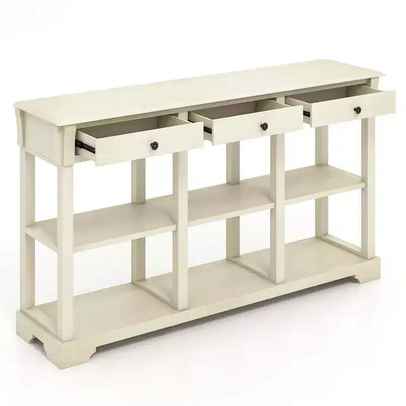 Table de canapé longue de 147 cm avec rangement, console rétro avec 3 tiroirs et étagères ouvertes, bleu/blanc