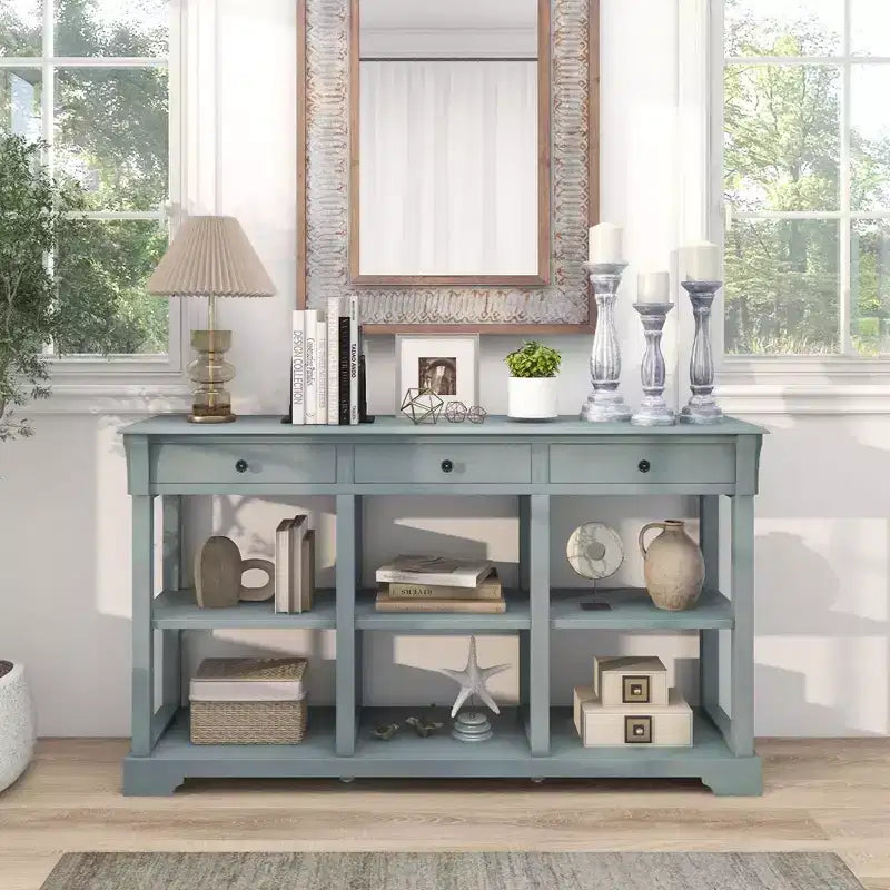 Table de canapé longue de 147 cm avec rangement, console rétro avec 3 tiroirs et étagères ouvertes, bleu/blanc