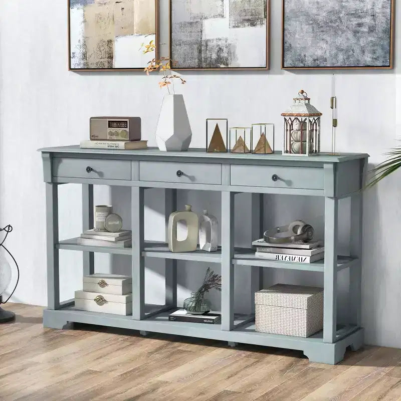 Table de canapé longue de 147 cm avec rangement, console rétro avec 3 tiroirs et étagères ouvertes, bleu/blanc