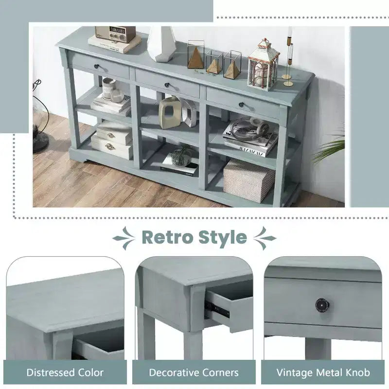 Table de canapé longue de 147 cm avec rangement, console rétro avec 3 tiroirs et étagères ouvertes, bleu/blanc