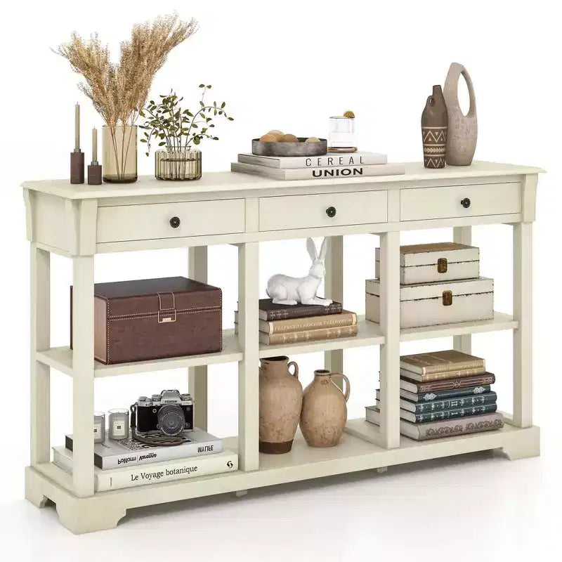 Table de canapé longue de 147 cm avec rangement, console rétro avec 3 tiroirs et étagères ouvertes, bleu/blanc