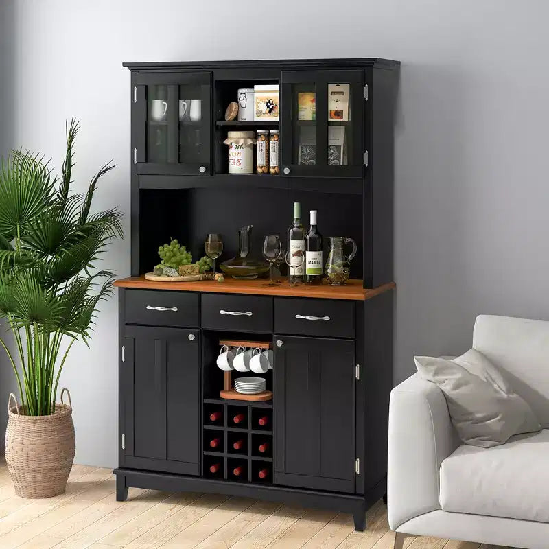 Buffet et Meuble de Rangement de Cuisine avec Étagère à Vin et Tiroirs Noir