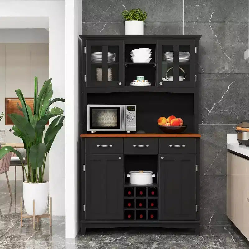 Buffet et Meuble de Rangement de Cuisine avec Étagère à Vin et Tiroirs Noir