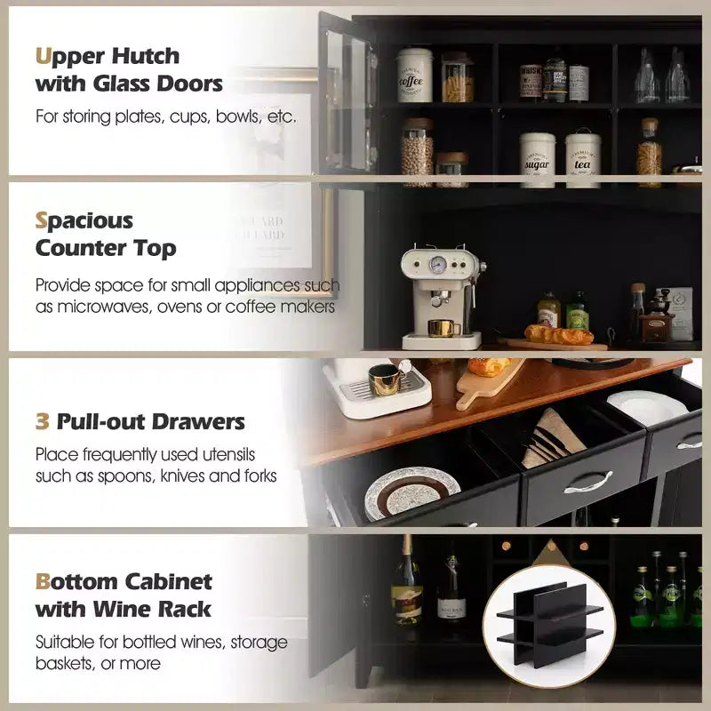 Buffet et Meuble de Rangement de Cuisine avec Étagère à Vin et Tiroirs Noir