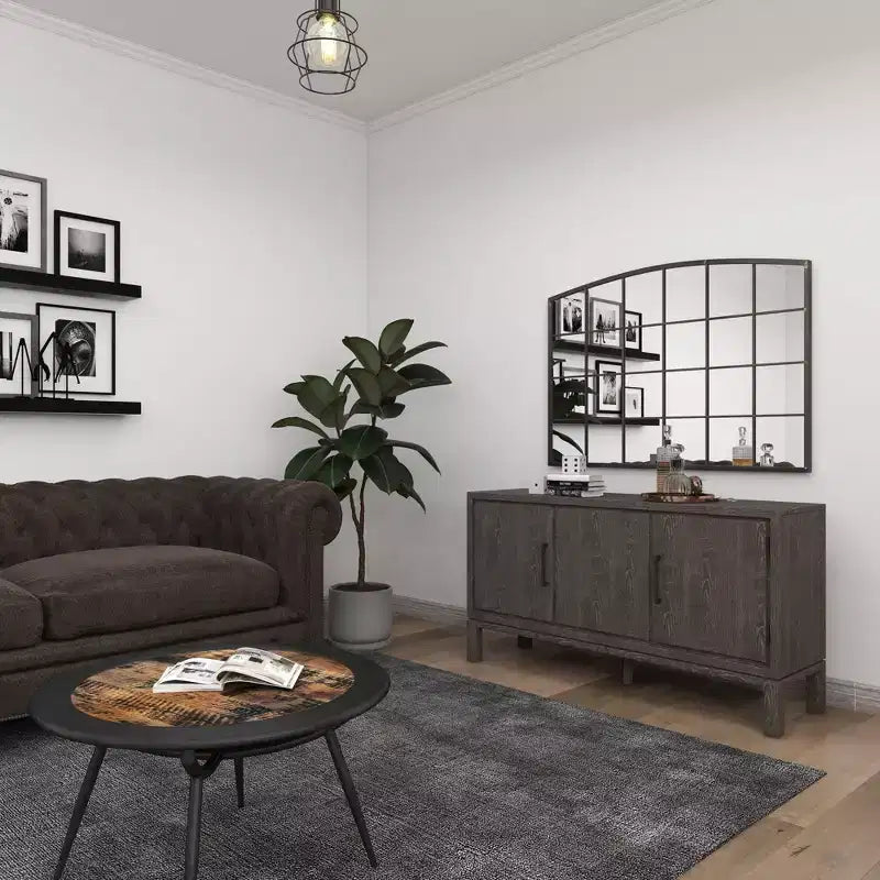 Miroir mural à cadre métallique inspiré d'une fenêtre à carreaux, avec plateau arqué