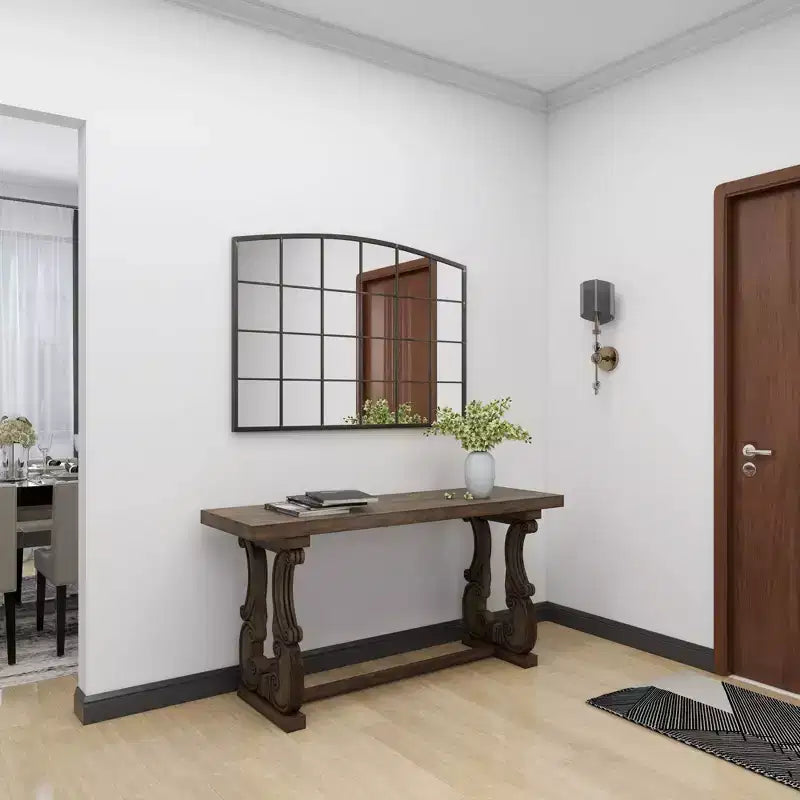 Miroir mural à cadre métallique inspiré d'une fenêtre à carreaux, avec plateau arqué