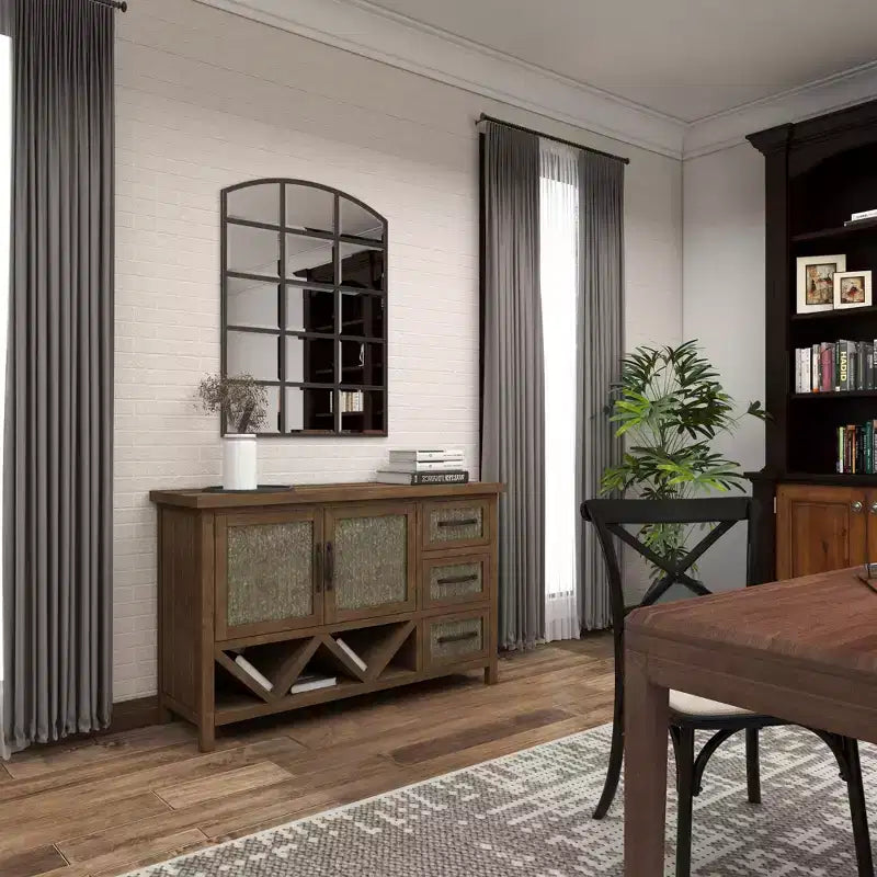 Miroir mural à cadre métallique inspiré d'une fenêtre à carreaux, avec plateau arqué