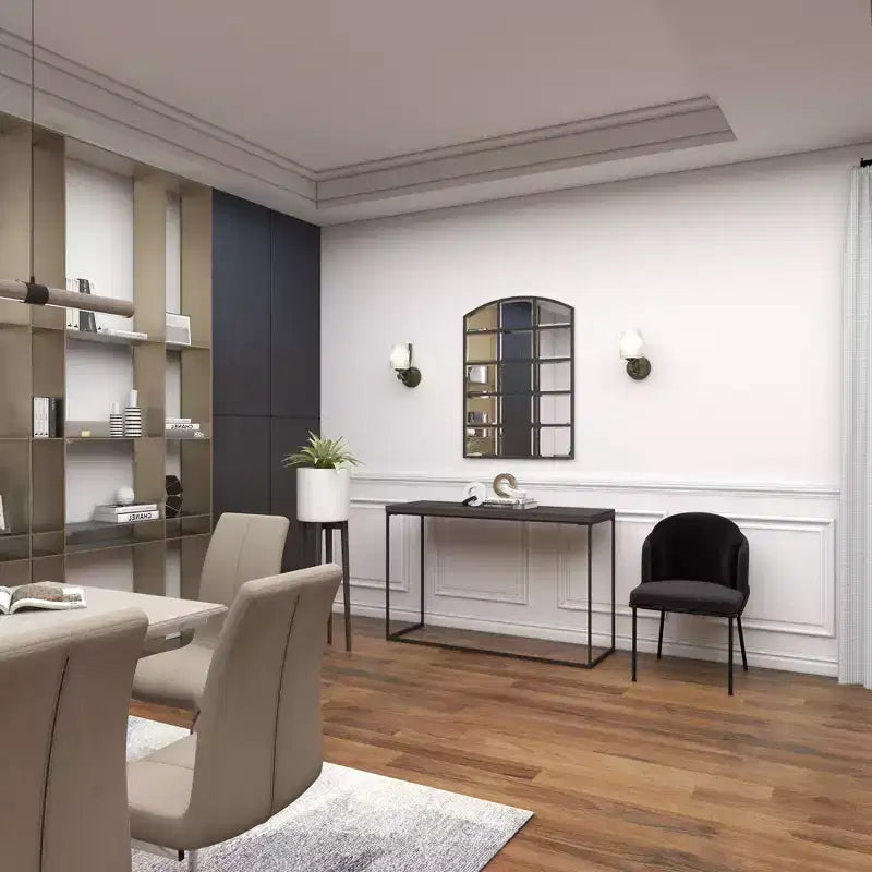 Miroir mural à cadre métallique inspiré d'une fenêtre à carreaux, avec plateau arqué