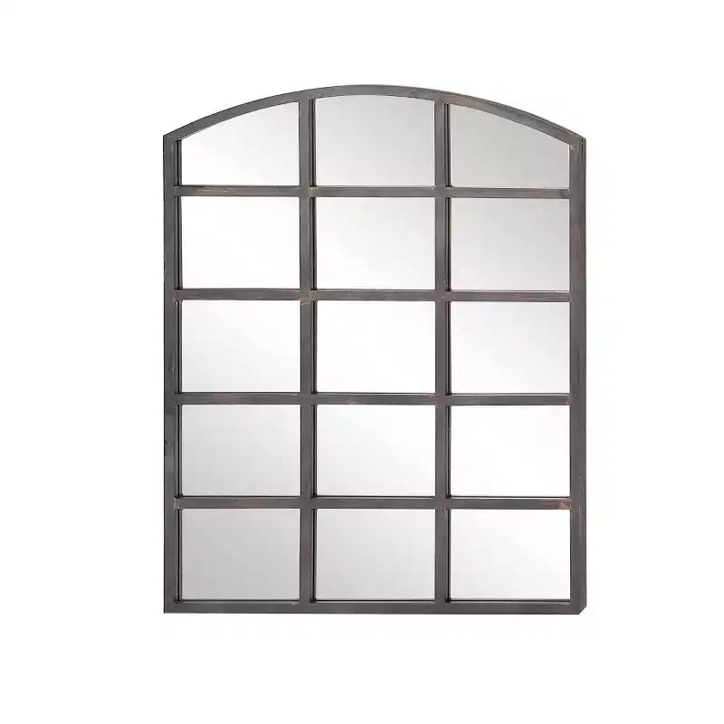 Miroir mural à cadre métallique inspiré d'une fenêtre à carreaux, avec plateau arqué