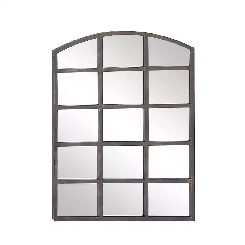 Miroir mural à cadre métallique inspiré d'une fenêtre à carreaux, avec plateau arqué