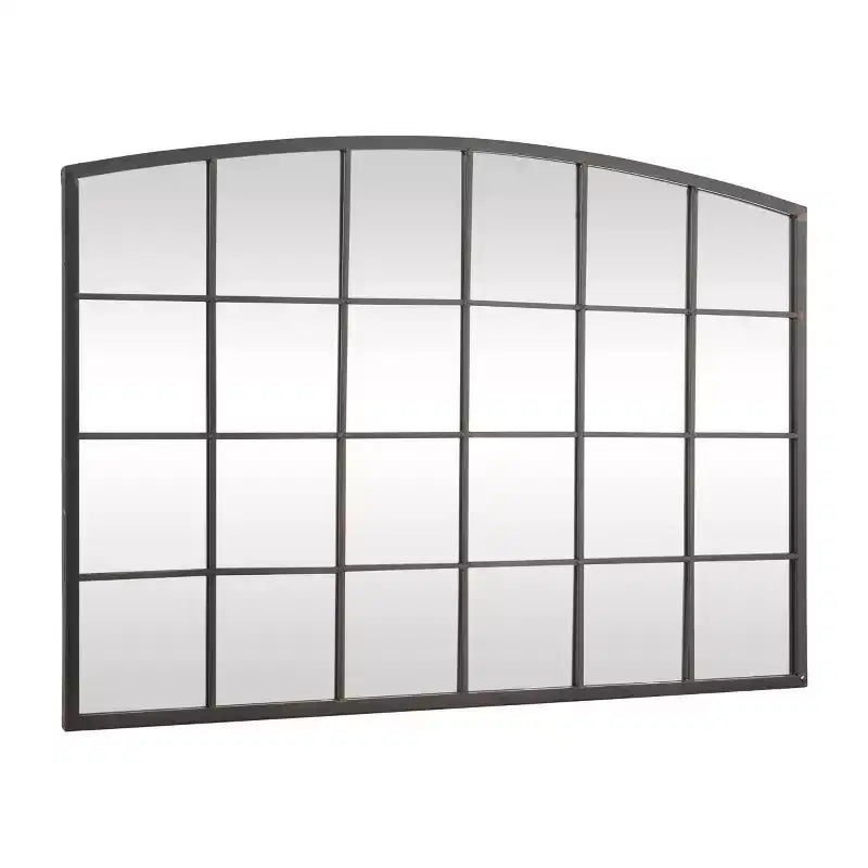 Miroir mural à cadre métallique inspiré d'une fenêtre à carreaux, avec plateau arqué