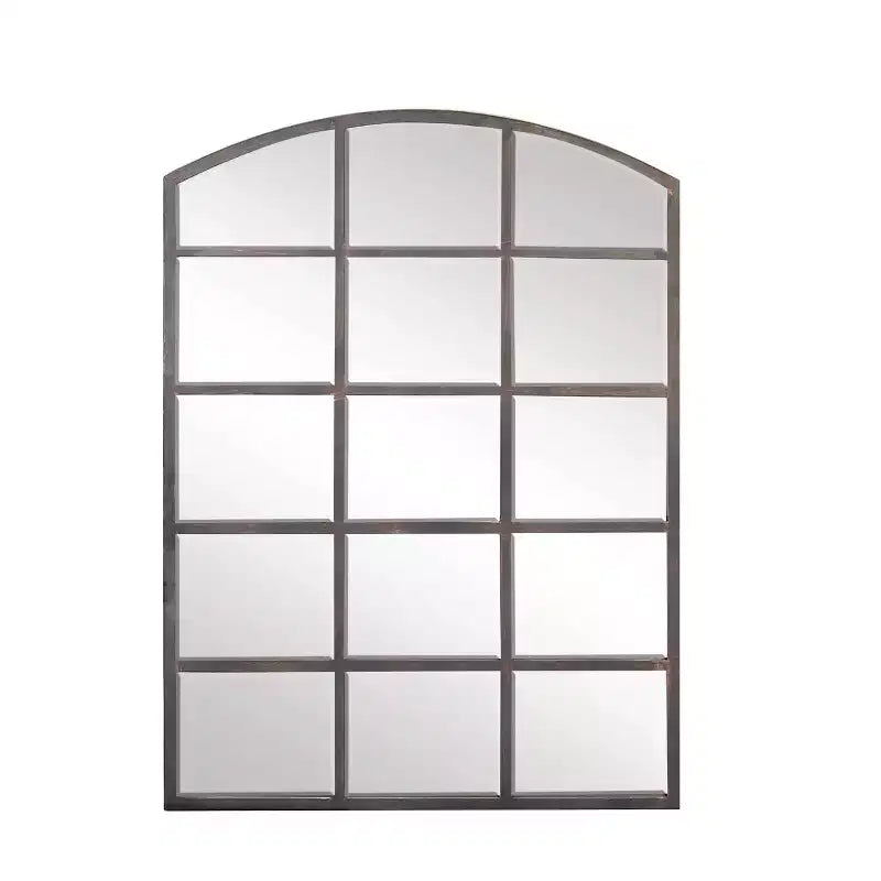 Miroir mural à cadre métallique inspiré d'une fenêtre à carreaux, avec plateau arqué
