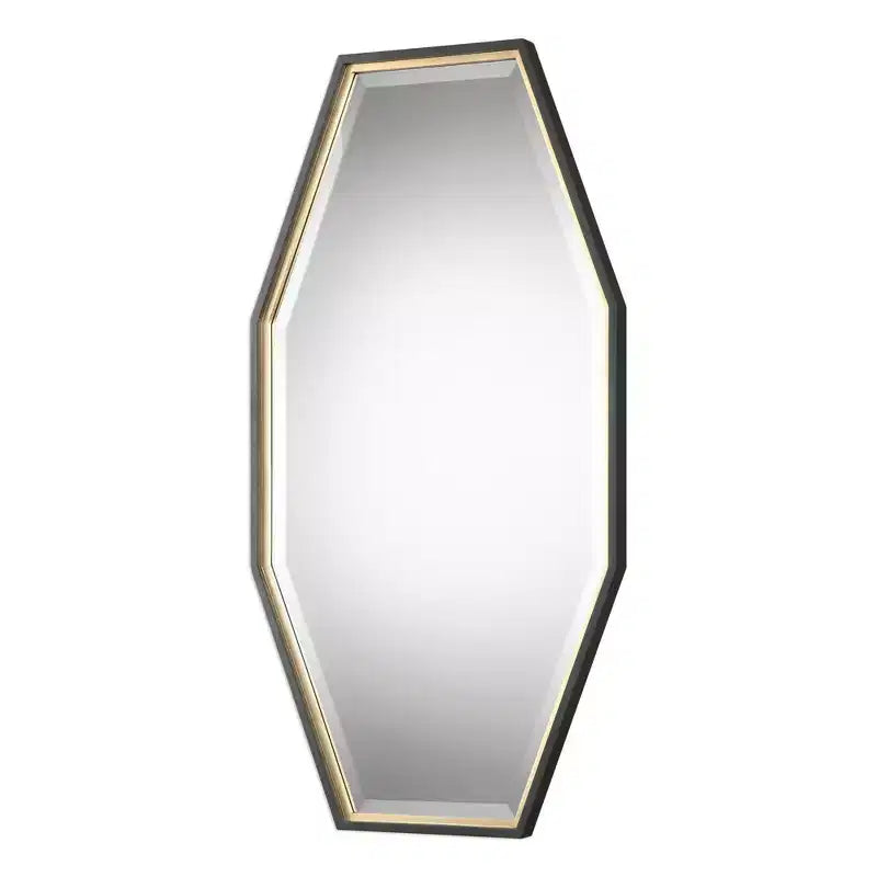 Miroir mural décoratif moderne biseauté, cadre en bois feuille d'or espresso foncé 24 po de large pour salle de bain, chambre, salon