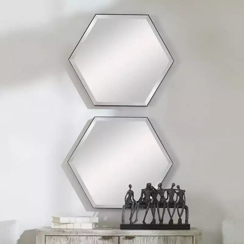 Lot de 2 miroirs muraux décoratifs hexagonaux à cadre en métal noir biseauté moderne de 59 cm de large pour salle de bain, chambre, maison