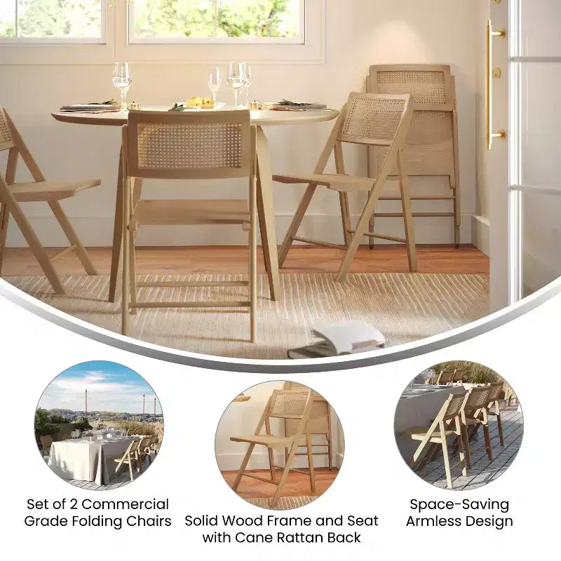 Lot de 2 chaises pliantes en rotin avec cadre et assise en bois massif et dossier en rotin tressé respirant
