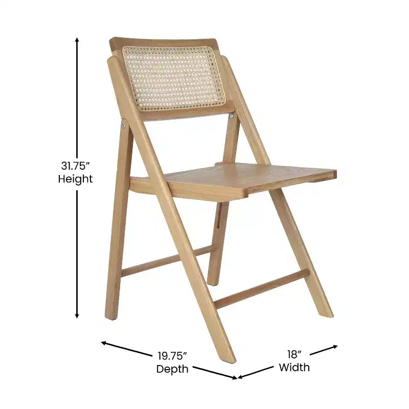 Lot de 2 chaises pliantes en rotin avec cadre et assise en bois massif et dossier en rotin tressé respirant
