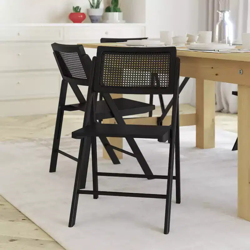 Lot de 2 chaises pliantes en rotin avec cadre et assise en bois massif et dossier en rotin tressé respirant