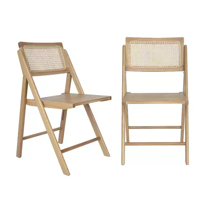 Lot de 2 chaises pliantes en rotin avec cadre et assise en bois massif et dossier en rotin tressé respirant