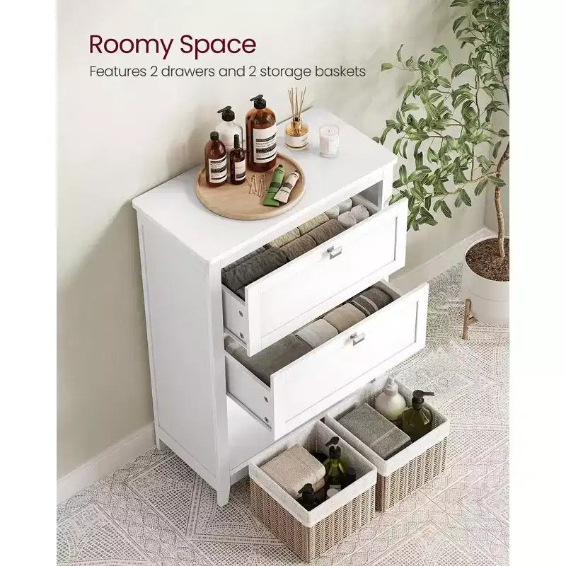 Armoire, Meuble de rangement et Organisateurs, 2 tiroirs avec 1 séparateur ajustable, 2 paniers, Buffet, Blanc Nuage