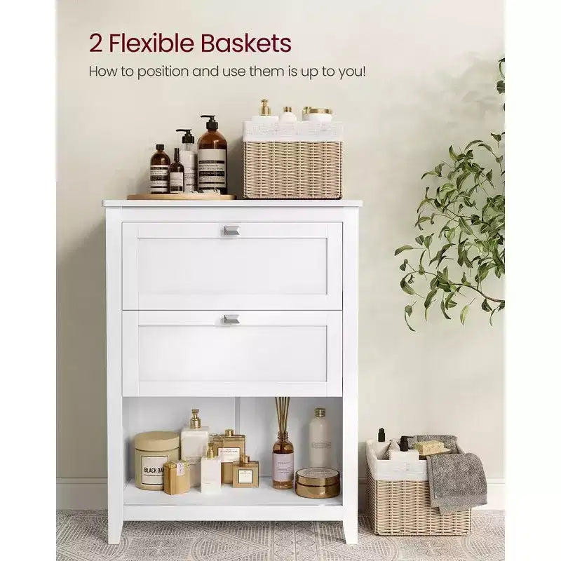 Armoire, Meuble de rangement et Organisateurs, 2 tiroirs avec 1 séparateur ajustable, 2 paniers, Buffet, Blanc Nuage