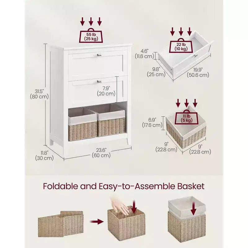 Armoire, Meuble de rangement et Organisateurs, 2 tiroirs avec 1 séparateur ajustable, 2 paniers, Buffet, Blanc Nuage